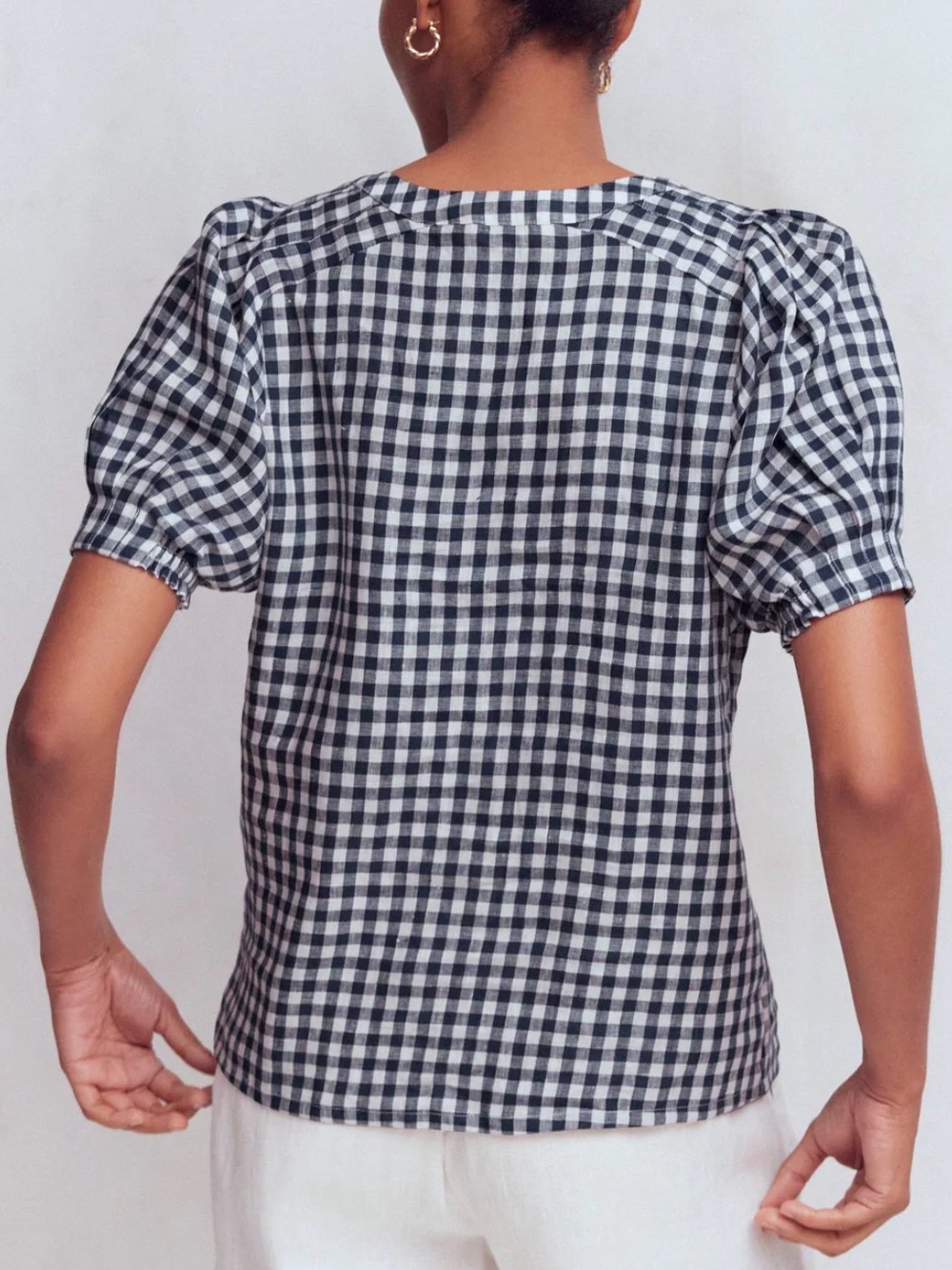 Boden 100% Linen Blue & White Gingham Puff-Sleeve Split-Neck Blouse - Picture 2 of 8